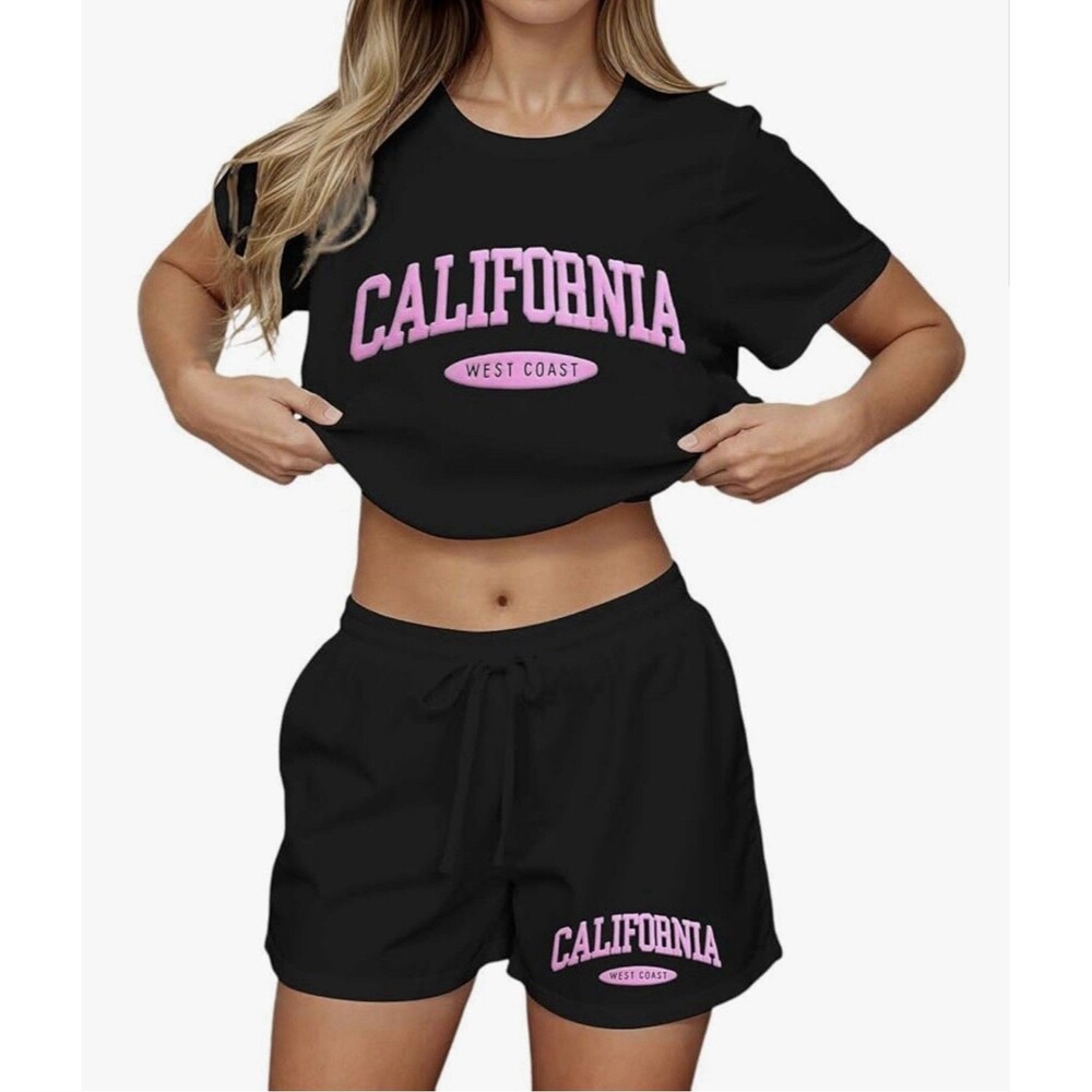 California West Coast Black Pink T Shirt Pull On Drawstring Short Set Small